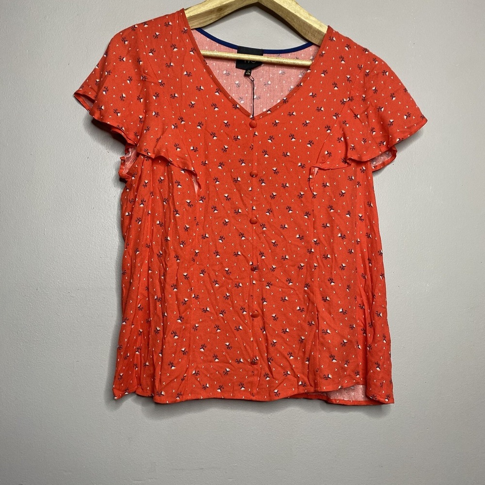W5 V Neck Flutter Sleeve Red Blue Floral Blouse Women‎ Size M